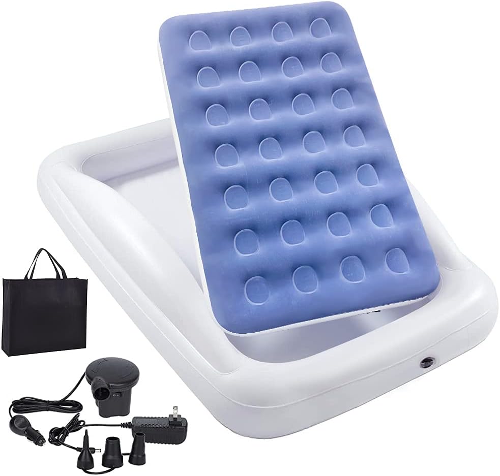 Fahuac Inflatable Kids Travel Bed Toddler Air Mattress Set - Portable Blow Up Mattress Sleeping Bed Cot with Security Bed Rails and Electric Pump Ideal for Road Trip Camping Sleepovers etc. (Upgraded)
