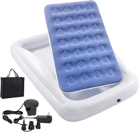 Fahuac Inflatable Kids Travel Bed Toddler Air Mattress Set - Portable Blow Up Mattress Sleeping Bed Cot with Security Bed Rails and Electric Pump Ideal for Road Trip Camping Sleepovers etc. (Upgraded)