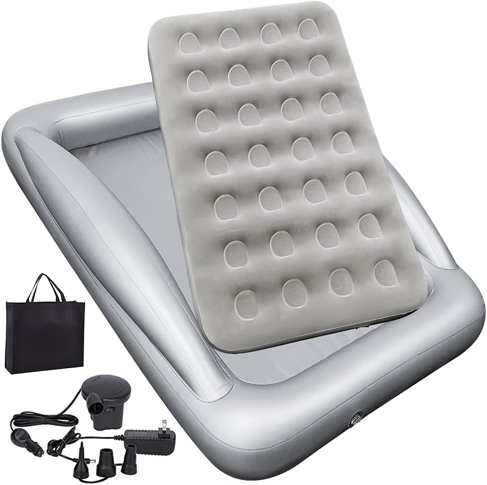Fahuac Inflatable Kids Travel Bed Toddler Air Mattress Set - Portable Blow Up Mattress Sleeping Bed Cot with Security Bed Rails and Electric Pump Ideal for Road Trip Camping Sleepovers etc. (Upgraded)