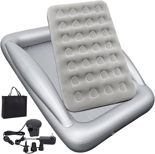 Fahuac Inflatable Kids Travel Bed Toddler Air Mattress Set - Portable Blow Up Mattress Sleeping Bed Cot with Security Bed Rails and Electric Pump Ideal for Road Trip Camping Sleepovers etc. (Upgraded)
