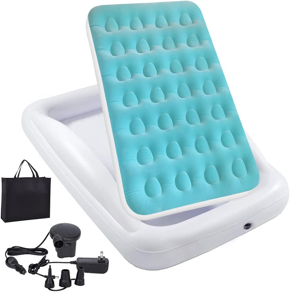 Fahuac Inflatable Kids Travel Bed Toddler Air Mattress Set - Portable Blow Up Mattress Sleeping Bed Cot with Security Bed Rails and Electric Pump Ideal for Road Trip Camping Sleepovers etc. (Upgraded) Visit the Fahuac Store