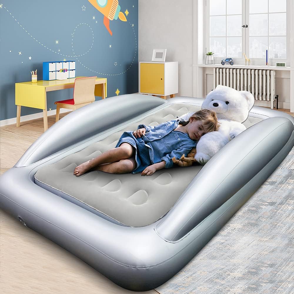 Fahuac Inflatable Kids Travel Bed Toddler Air Mattress Set - Portable Blow Up Mattress Sleeping Bed Cot with Security Bed Rails and Electric Pump Ideal for Road Trip Camping Sleepovers etc. (Upgraded)