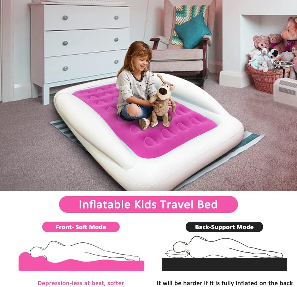 Fahuac Toddler Air Mattress Inflatable Kids Travel Bed Portable Kids Air Mattress with Sides,Suitable for Travel, Home Guest, Garden Grass Play (Rose Red)