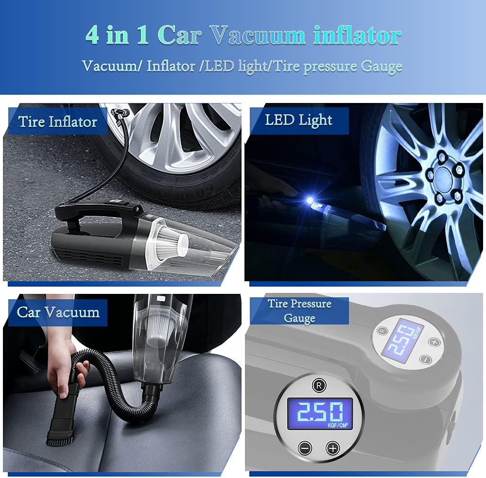 Fahuac 4-in-1 Car Vacuum Cleaner Tire Inflator - Portable High Power Handheld Car Vacuum Cleaner 7000PA/130W/DC 12V with LCD Tire Pressure Display LED Light Wet/Dry Air Compressor