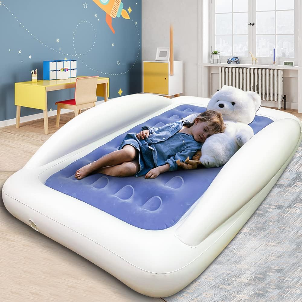 Fahuac Inflatable Kids Travel Bed Toddler Air Mattress Set - Portable Blow Up Mattress Sleeping Bed Cot with Security Bed Rails and Electric Pump Ideal for Road Trip Camping Sleepovers etc. (Upgraded)