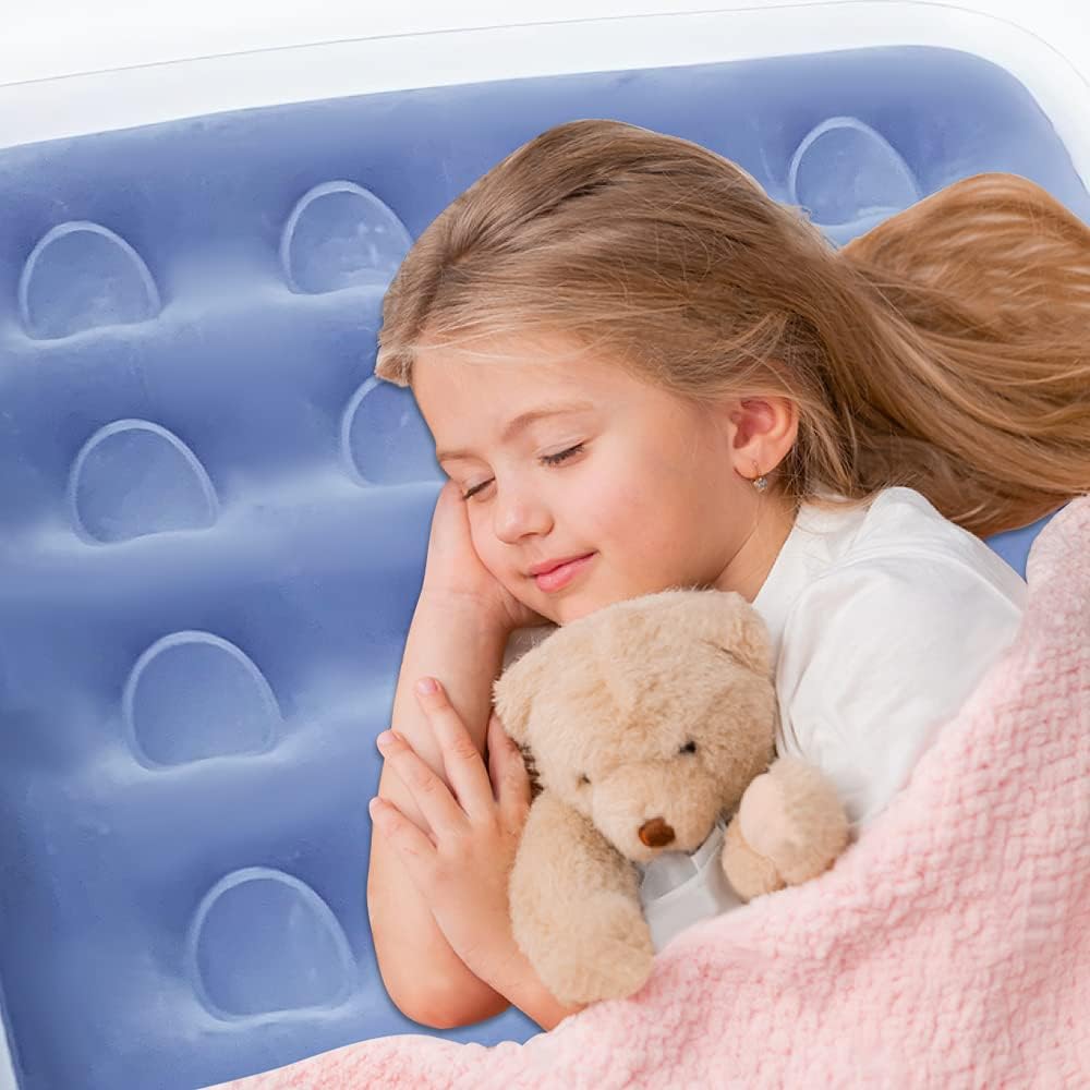 Fahuac Inflatable Kids Travel Bed Toddler Air Mattress Set - Portable Blow Up Mattress Sleeping Bed Cot with Security Bed Rails and Electric Pump Ideal for Road Trip Camping Sleepovers etc. (Upgraded)