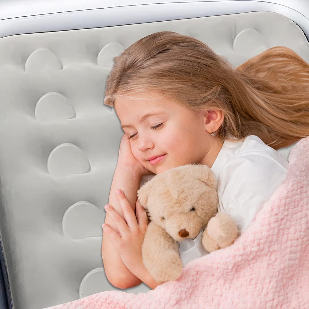 Fahuac Inflatable Kids Travel Bed Toddler Air Mattress Set - Portable Blow Up Mattress Sleeping Bed Cot with Security Bed Rails and Electric Pump Ideal for Road Trip Camping Sleepovers etc. (Upgraded)