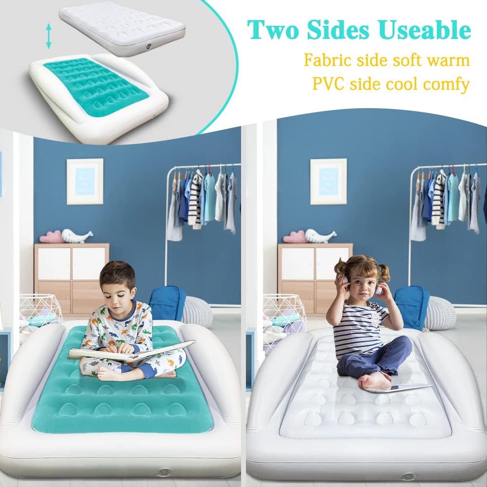 Fahuac Inflatable Kids Travel Bed Toddler Air Mattress Set - Portable Blow Up Mattress Sleeping Bed Cot with Security Bed Rails and Electric Pump Ideal for Road Trip Camping Sleepovers etc. (Upgraded) Visit the Fahuac Store