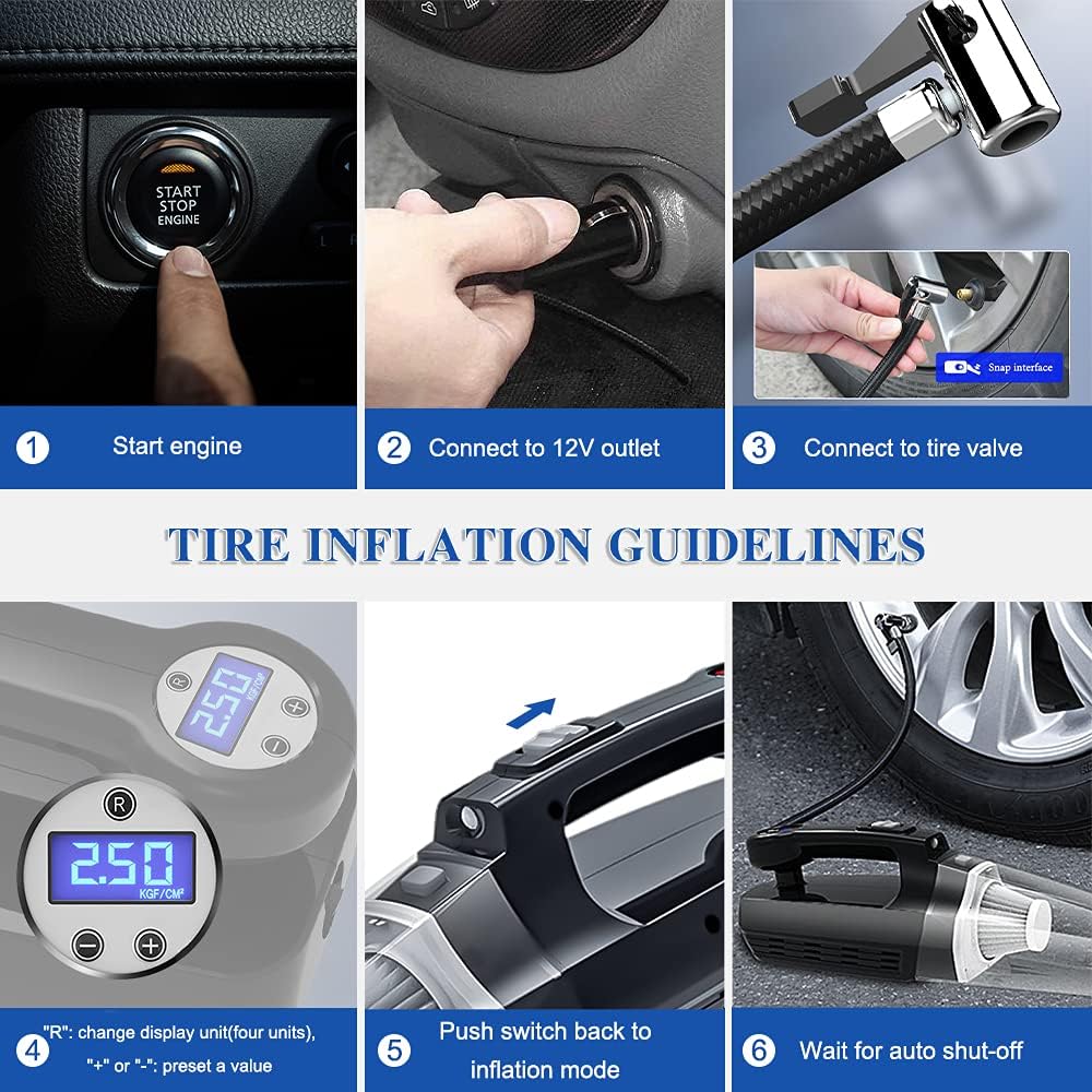 Fahuac 4-in-1 Car Vacuum Cleaner Tire Inflator - Portable High Power Handheld Car Vacuum Cleaner 7000PA/130W/DC 12V with LCD Tire Pressure Display LED Light Wet/Dry Air Compressor