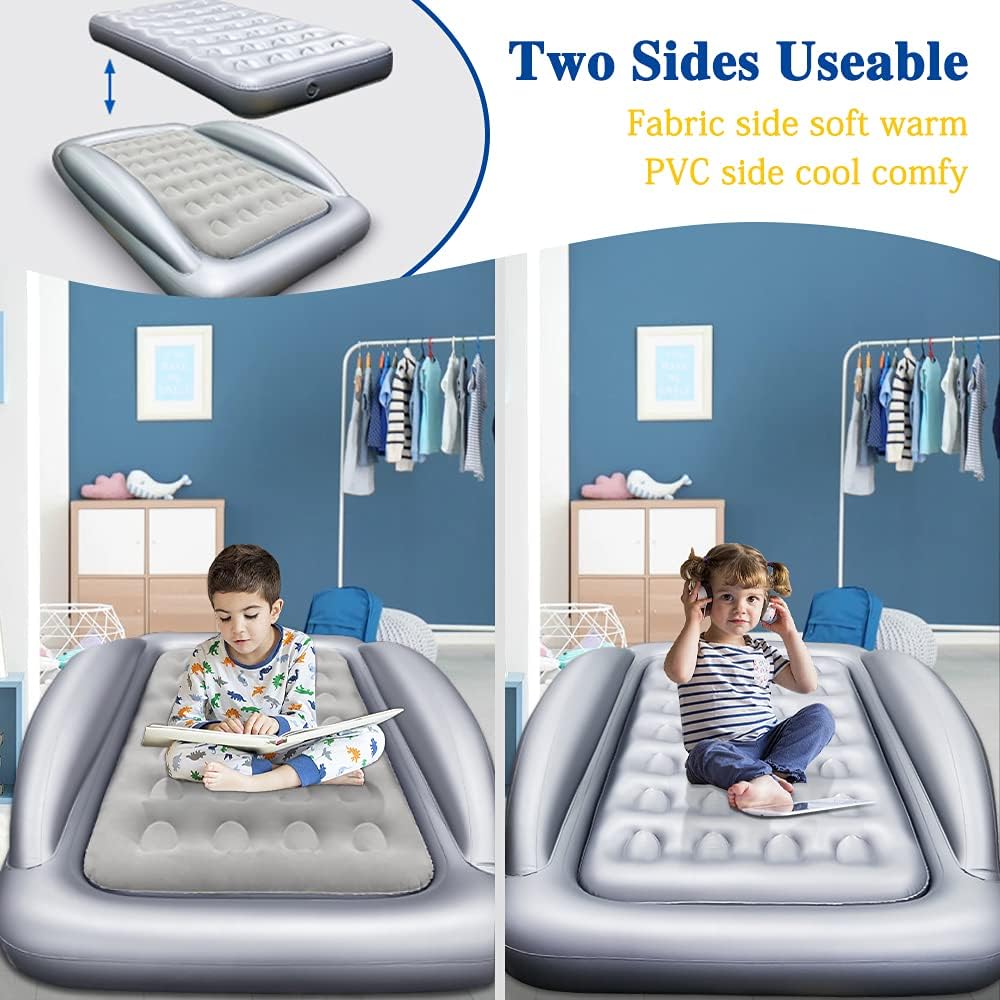 Fahuac Inflatable Kids Travel Bed Toddler Air Mattress Set - Portable Blow Up Mattress Sleeping Bed Cot with Security Bed Rails and Electric Pump Ideal for Road Trip Camping Sleepovers etc. (Upgraded)