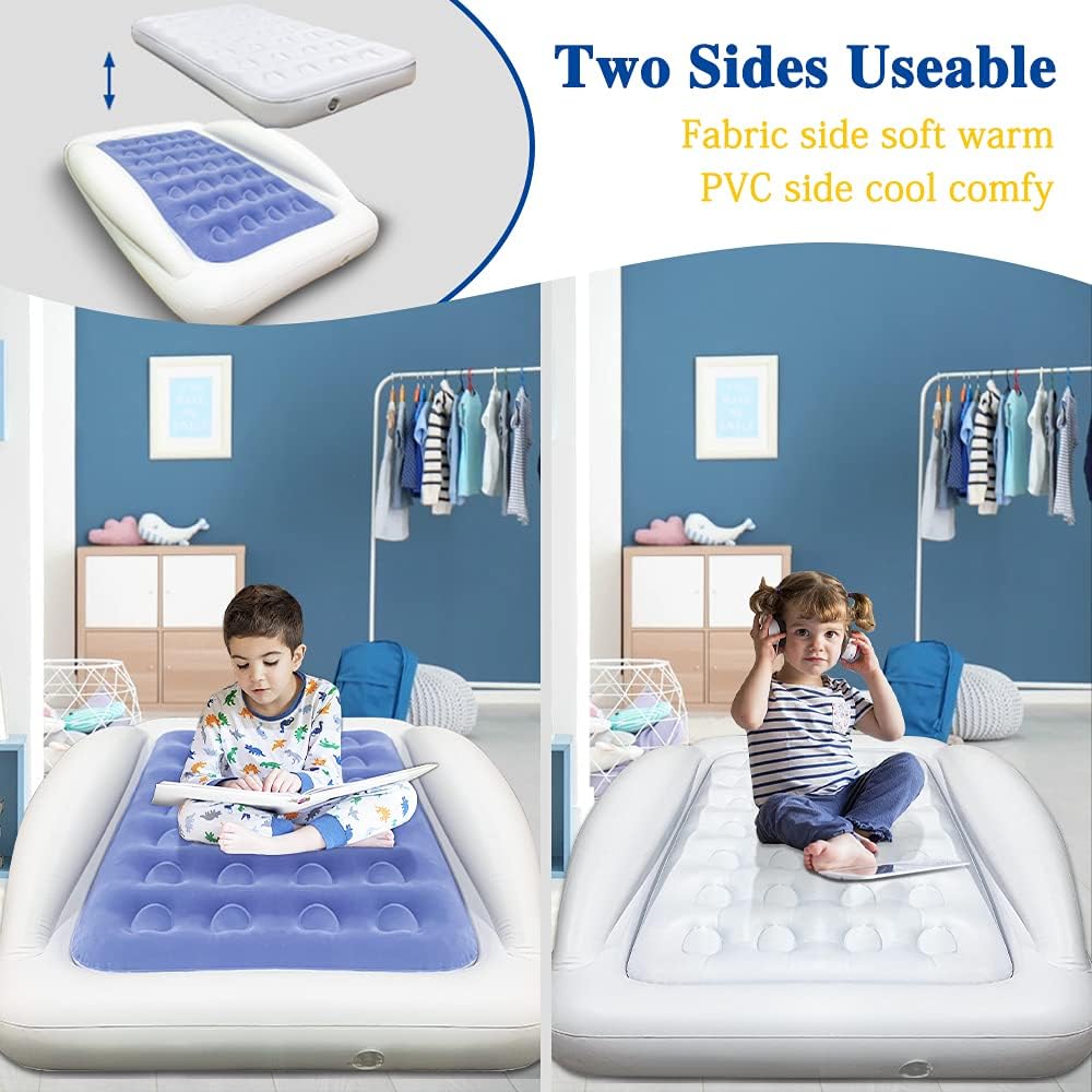 Fahuac Inflatable Kids Travel Bed Toddler Air Mattress Set - Portable Blow Up Mattress Sleeping Bed Cot with Security Bed Rails and Electric Pump Ideal for Road Trip Camping Sleepovers etc. (Upgraded)