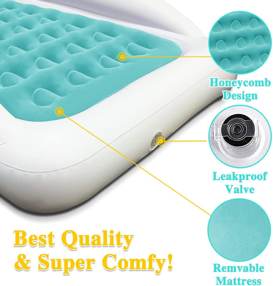 Fahuac Inflatable Kids Travel Bed Toddler Air Mattress Set - Portable Blow Up Mattress Sleeping Bed Cot with Security Bed Rails and Electric Pump Ideal for Road Trip Camping Sleepovers etc. (Upgraded) Visit the Fahuac Store