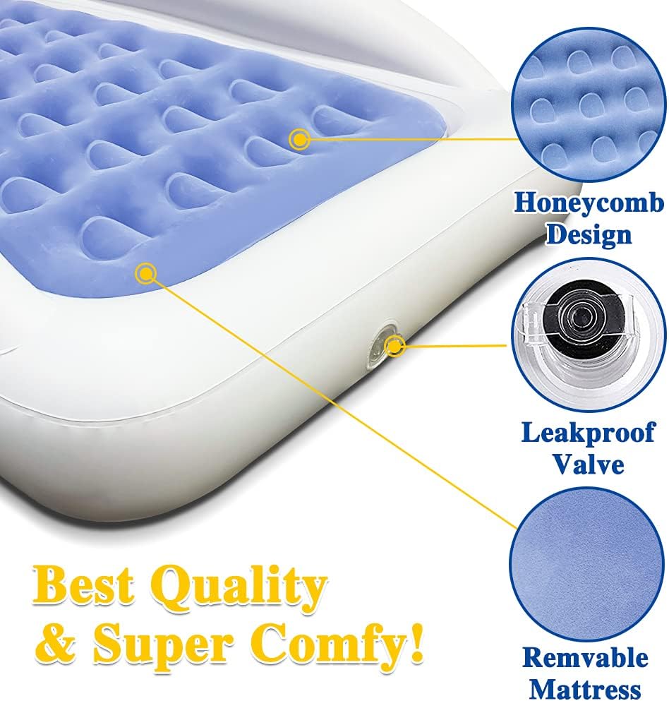 Fahuac Inflatable Kids Travel Bed Toddler Air Mattress Set - Portable Blow Up Mattress Sleeping Bed Cot with Security Bed Rails and Electric Pump Ideal for Road Trip Camping Sleepovers etc. (Upgraded)