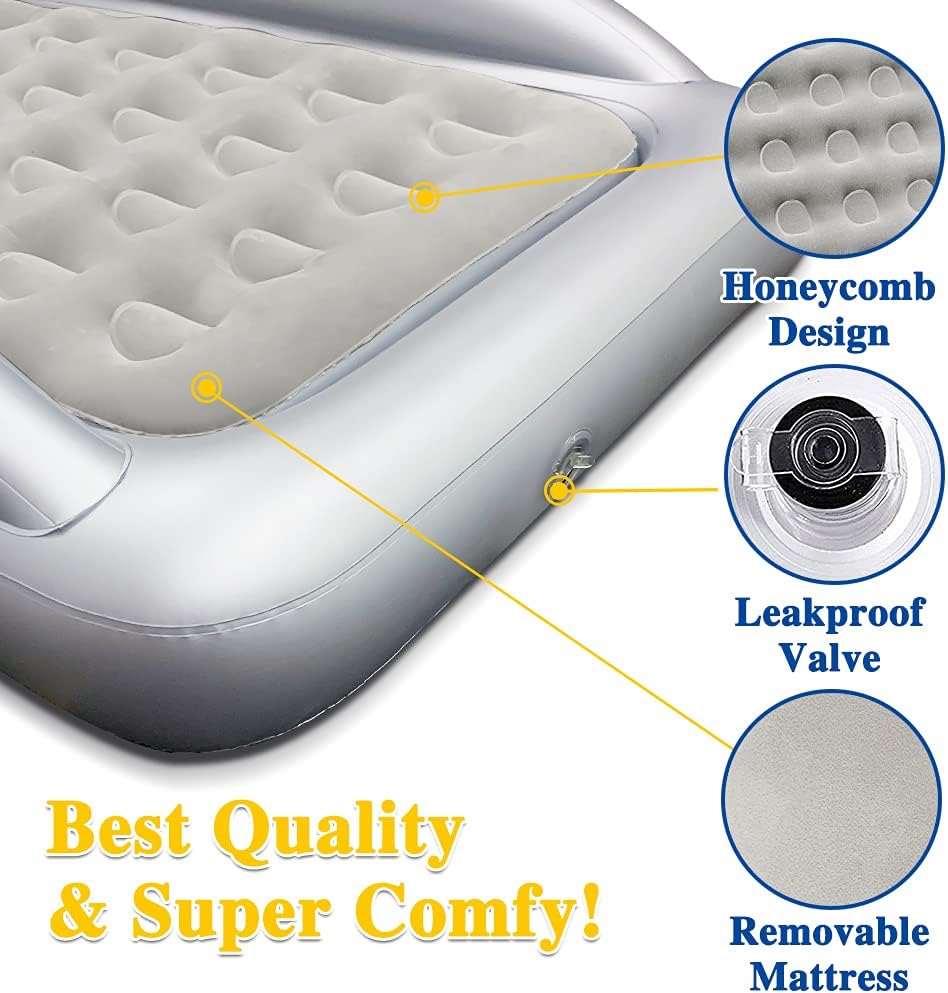 Fahuac Inflatable Kids Travel Bed Toddler Air Mattress Set - Portable Blow Up Mattress Sleeping Bed Cot with Security Bed Rails and Electric Pump Ideal for Road Trip Camping Sleepovers etc. (Upgraded)