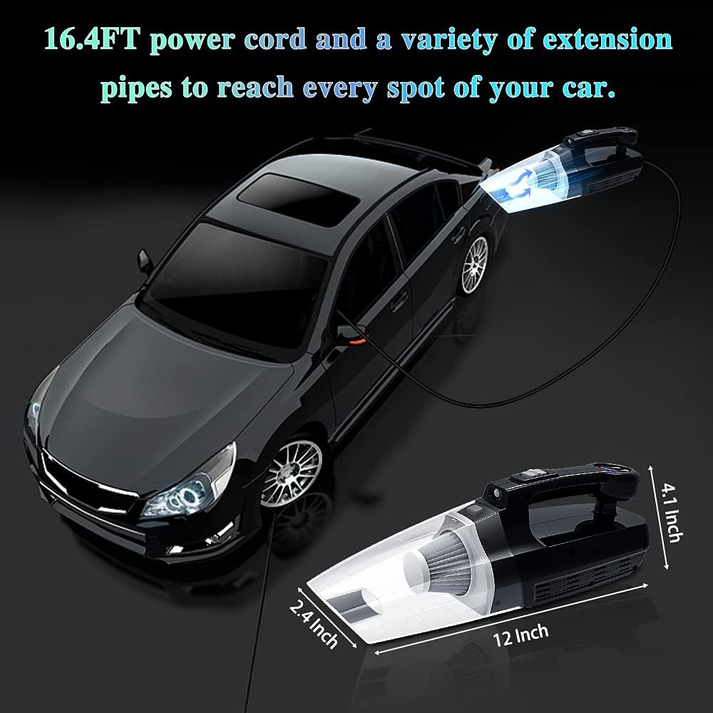 Fahuac 4-in-1 Car Vacuum Cleaner Tire Inflator - Portable High Power Handheld Car Vacuum Cleaner 7000PA/130W/DC 12V with LCD Tire Pressure Display LED Light Wet/Dry Air Compressor