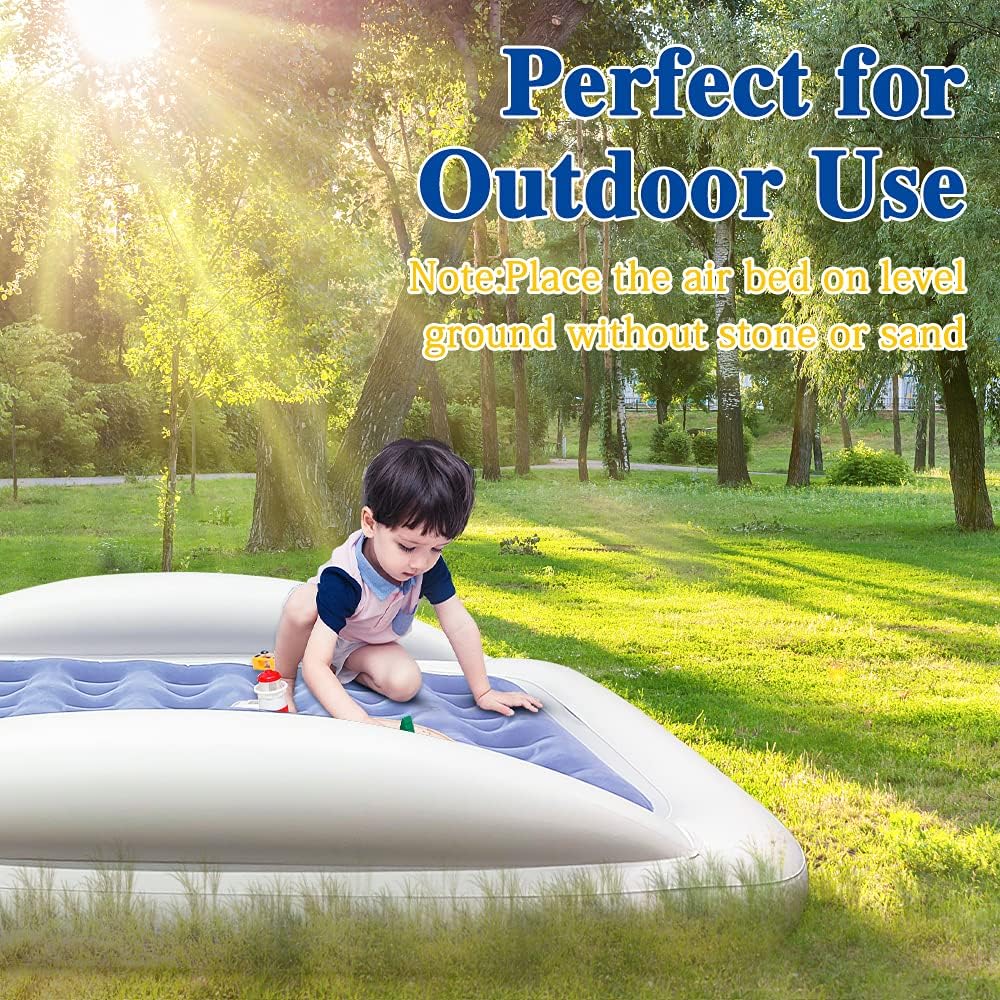 Fahuac Inflatable Kids Travel Bed Toddler Air Mattress Set - Portable Blow Up Mattress Sleeping Bed Cot with Security Bed Rails and Electric Pump Ideal for Road Trip Camping Sleepovers etc. (Upgraded)