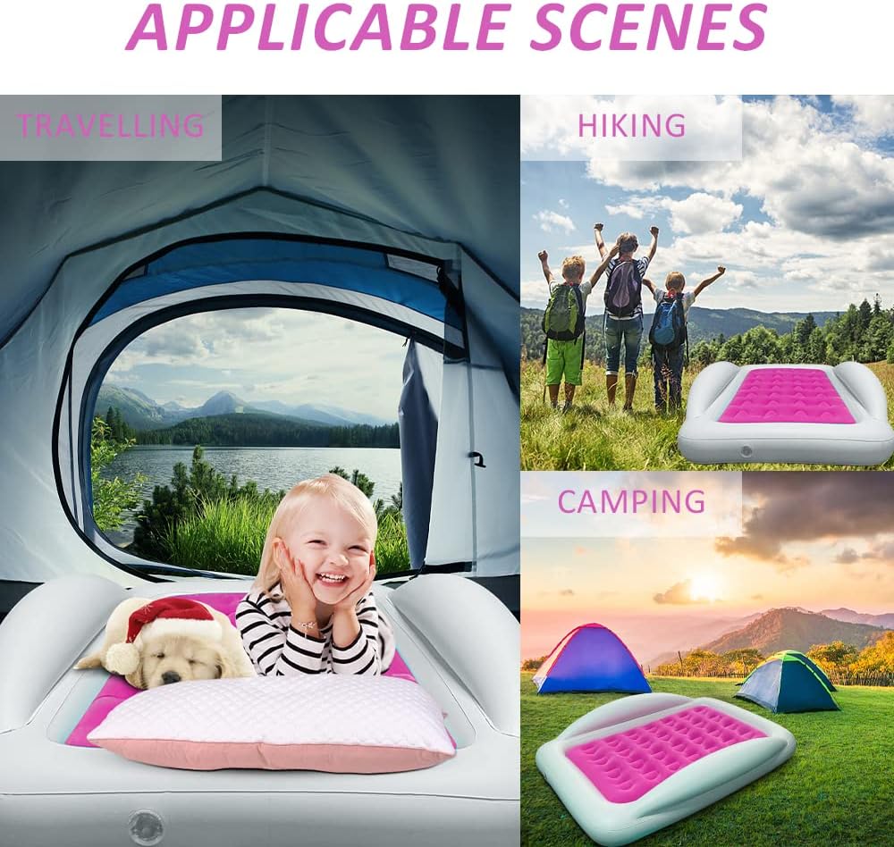 Fahuac Toddler Air Mattress Inflatable Kids Travel Bed Portable Kids Air Mattress with Sides,Suitable for Travel, Home Guest, Garden Grass Play (Rose Red)