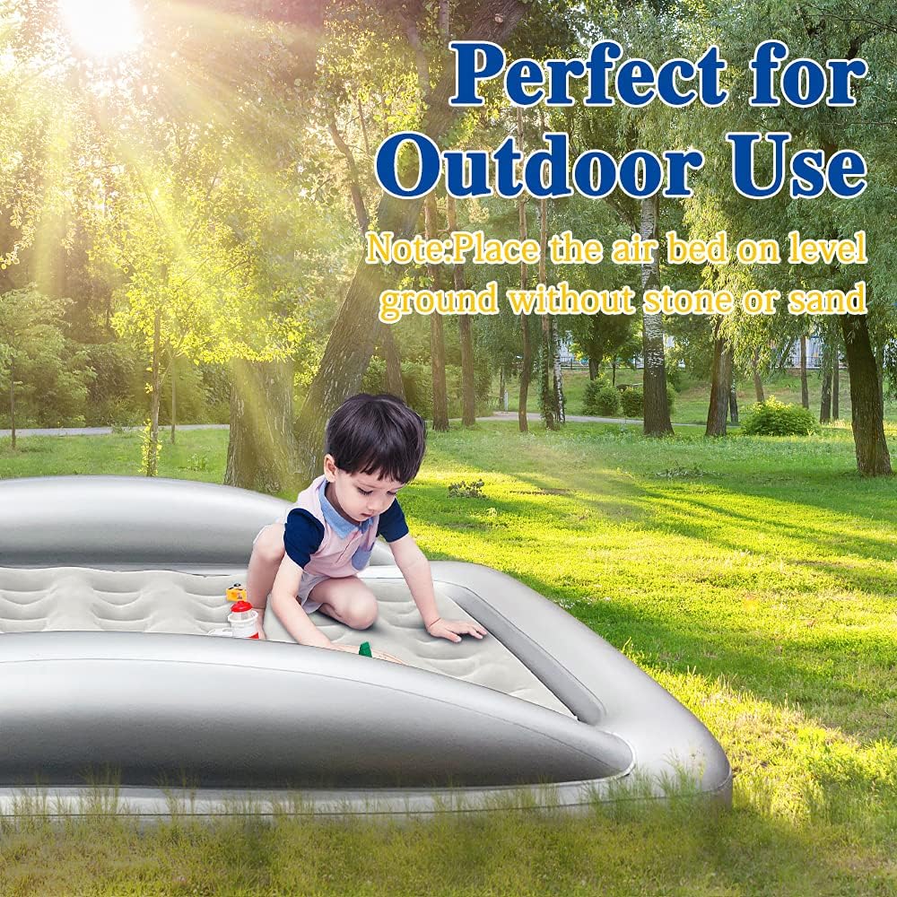 Fahuac Inflatable Kids Travel Bed Toddler Air Mattress Set - Portable Blow Up Mattress Sleeping Bed Cot with Security Bed Rails and Electric Pump Ideal for Road Trip Camping Sleepovers etc. (Upgraded)