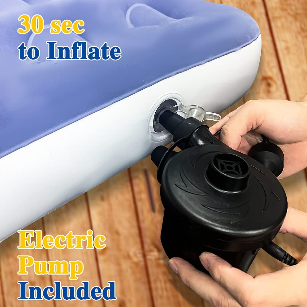 Fahuac Inflatable Kids Travel Bed Toddler Air Mattress Set - Portable Blow Up Mattress Sleeping Bed Cot with Security Bed Rails and Electric Pump Ideal for Road Trip Camping Sleepovers etc. (Upgraded)