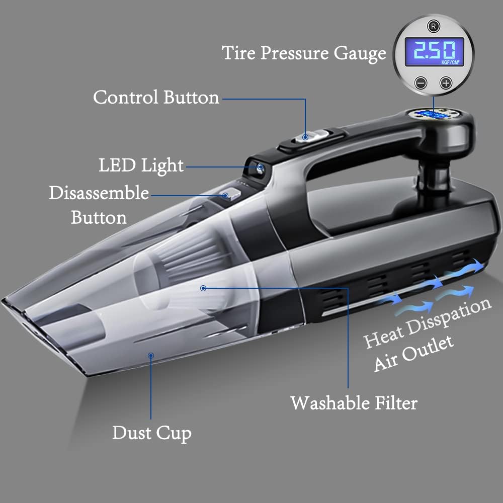 Fahuac 4-in-1 Car Vacuum Cleaner Tire Inflator - Portable High Power Handheld Car Vacuum Cleaner 7000PA/130W/DC 12V with LCD Tire Pressure Display LED Light Wet/Dry Air Compressor