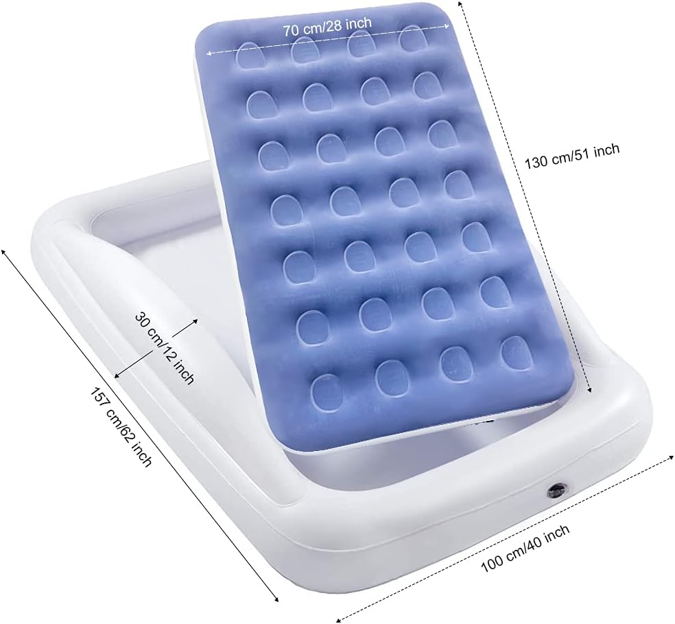 Fahuac Inflatable Kids Travel Bed Toddler Air Mattress Set - Portable Blow Up Mattress Sleeping Bed Cot with Security Bed Rails and Electric Pump Ideal for Road Trip Camping Sleepovers etc. (Upgraded)